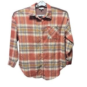 Women's Flannel Plaid Long Sleeve Shirt‎ XL 100% Cotton Story Burnt Orange Brown